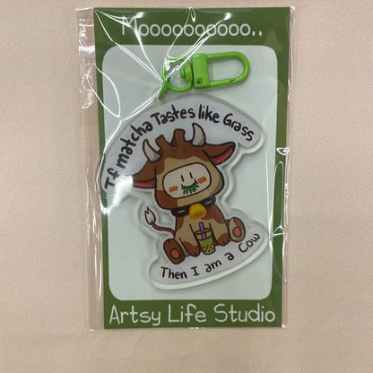 Matcha cow cute acrylic keychain back