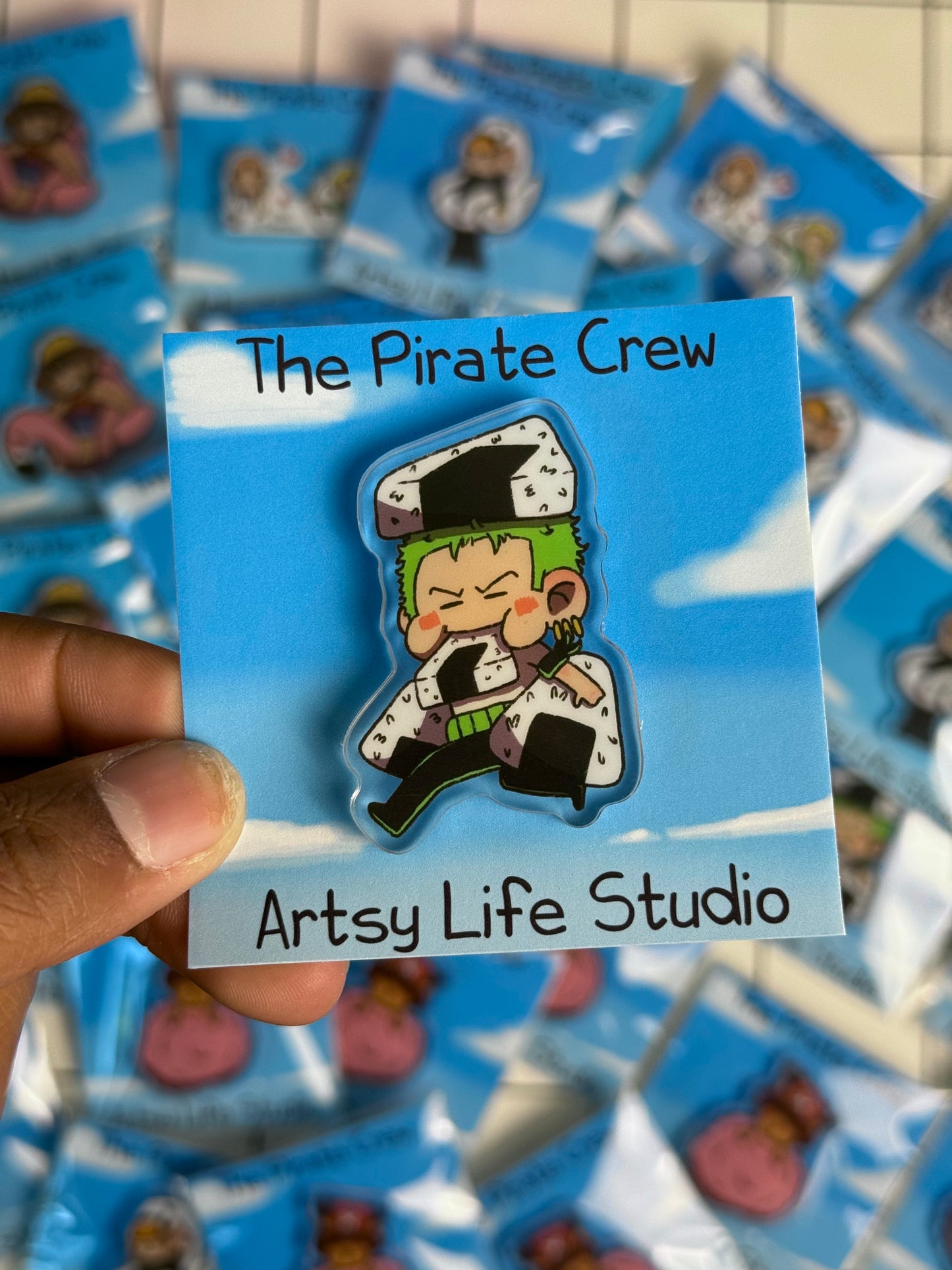 Zoro Onigiri One Piece Fan Art Acrylic Pin close up